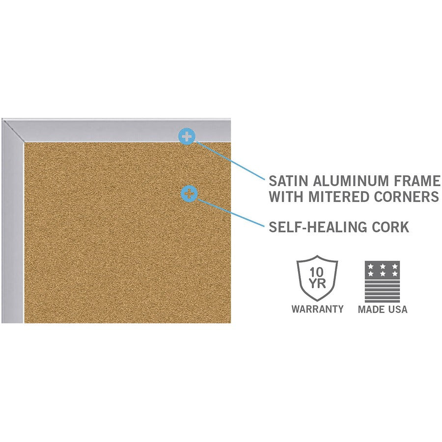 Ghent Natural Cork Bulletin Board with Aluminum Frame, 36" x 48", Self-Healing Surface, Satin Aluminum Frame, 1 Each