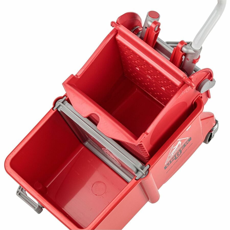 Unger Dual Compartment Mop Buckets - 4 gal - Ergonomic Design, Dual Bucket, Light Weight, Caster - Plastic - Red - 1 / Carton