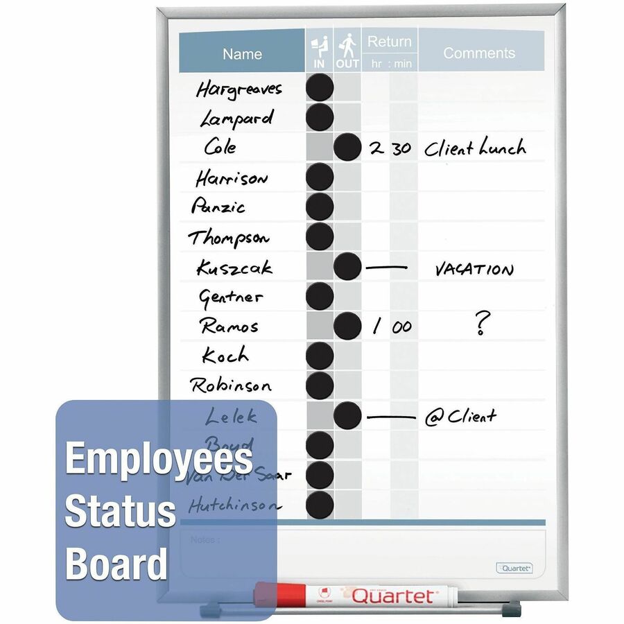 Quartet Matrix 15-employee In/Out Board - 16" Board Height x 11" Board Width - White Natural Cork Surface - Magnetic, Durable - Silver Frame - 1 Each