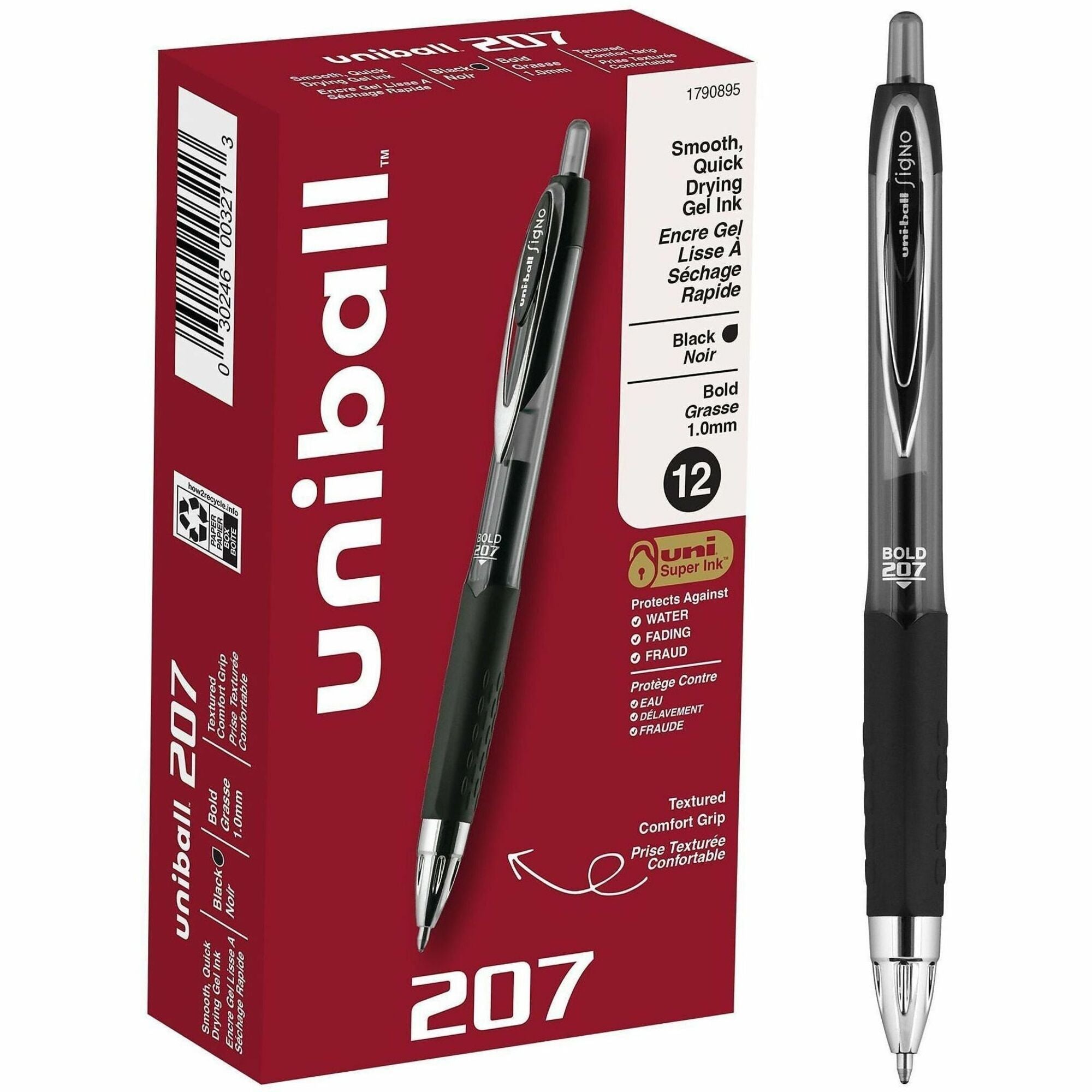 uniball™ 207 Gel Pen - 1 mm Bold Pen Point - Refillable - Retractable - Black Ink - Gel-based - Clear Barrel - 1 Dozen
