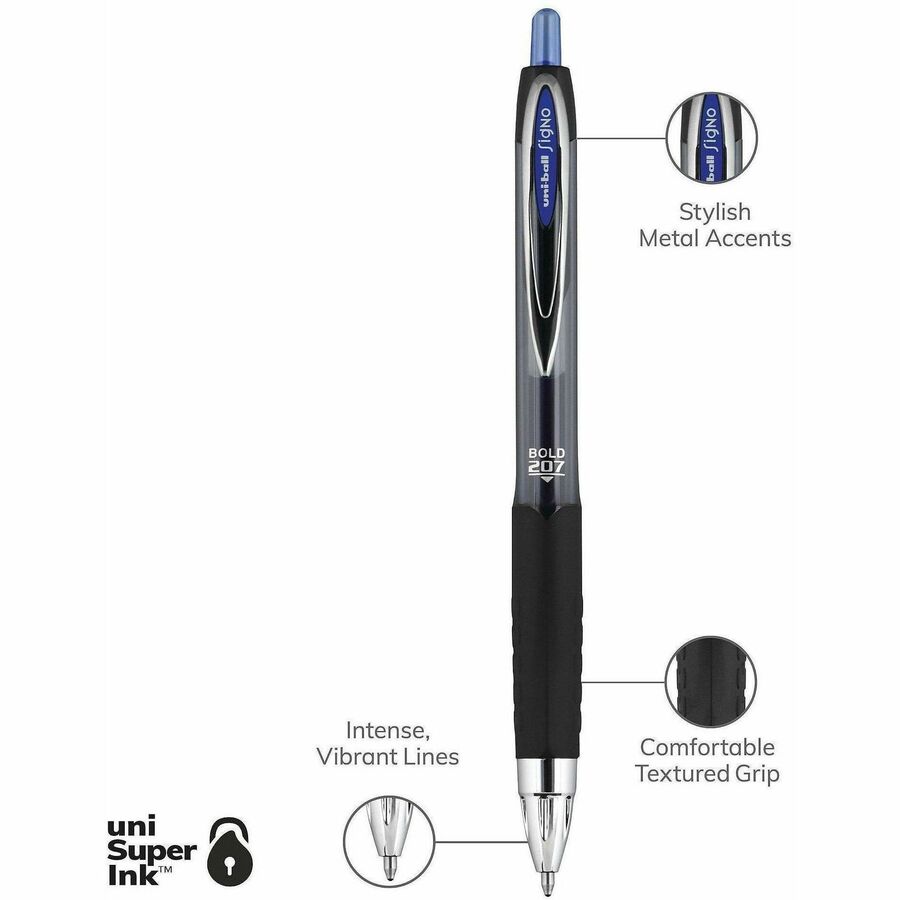 uniball™ 207 Gel Pen - 1 mm Bold Pen Point - Refillable - Retractable - Blue Ink - Gel-based - Clear Barrel - 1 Dozen