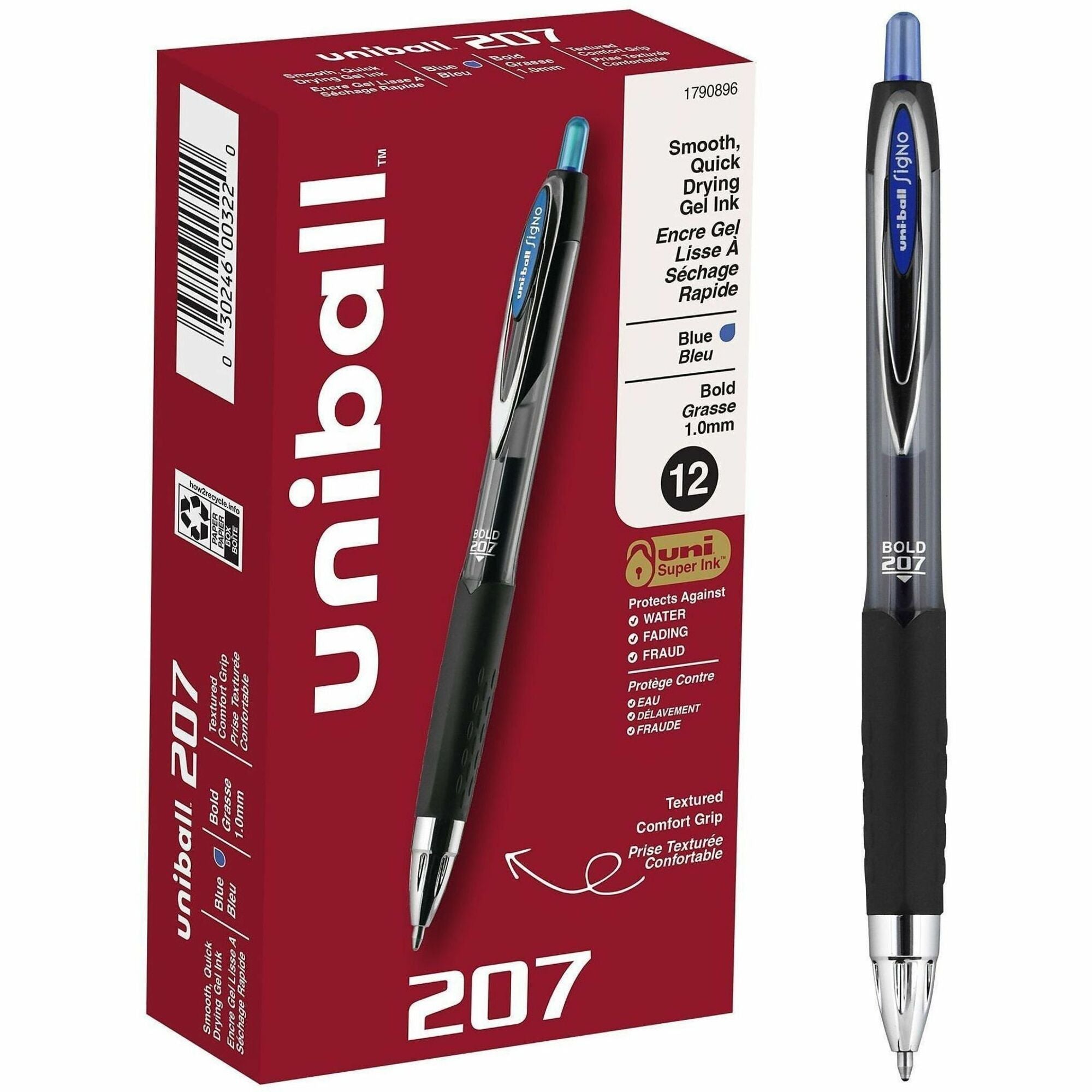 uniball™ 207 Gel Pen - 1 mm Bold Pen Point - Refillable - Retractable - Blue Ink - Gel-based - Clear Barrel - 1 Dozen