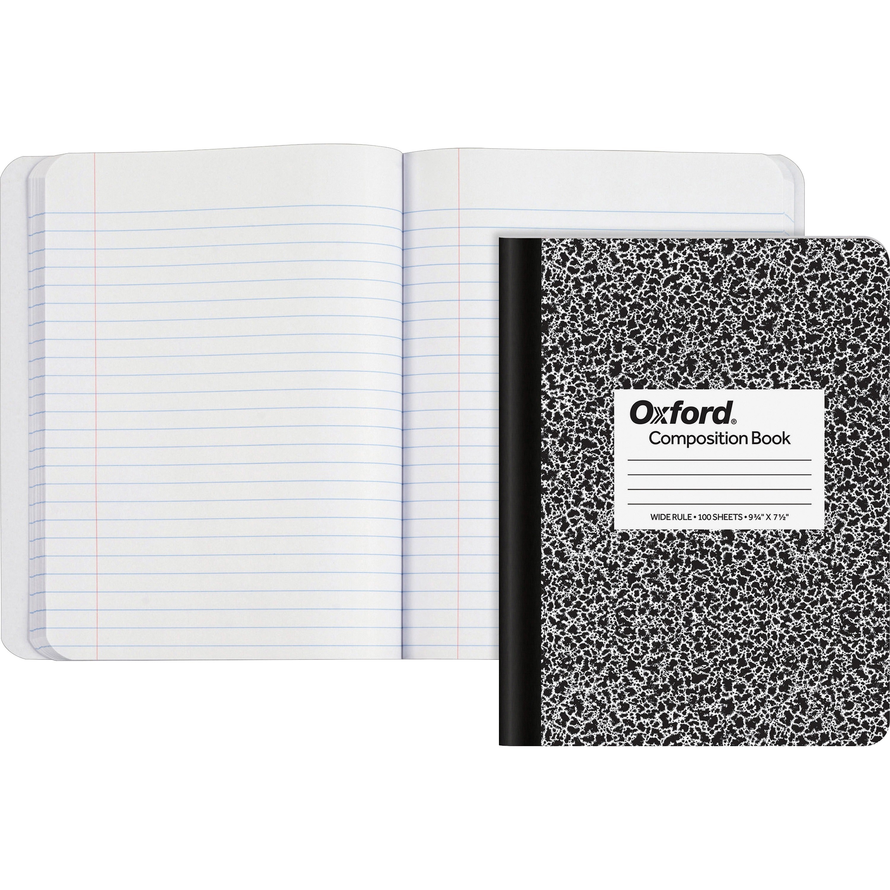 100 Sheets - Sewn - Wide Ruled Front Ruling - Ruled Red Margin - 9 3/4" x 7 1/2" Sheet Size - 0.25" Height x 7.5" Width x 9.8" Length - White Paper - Black Marble, White Cover - Hard Cover - 1 Each