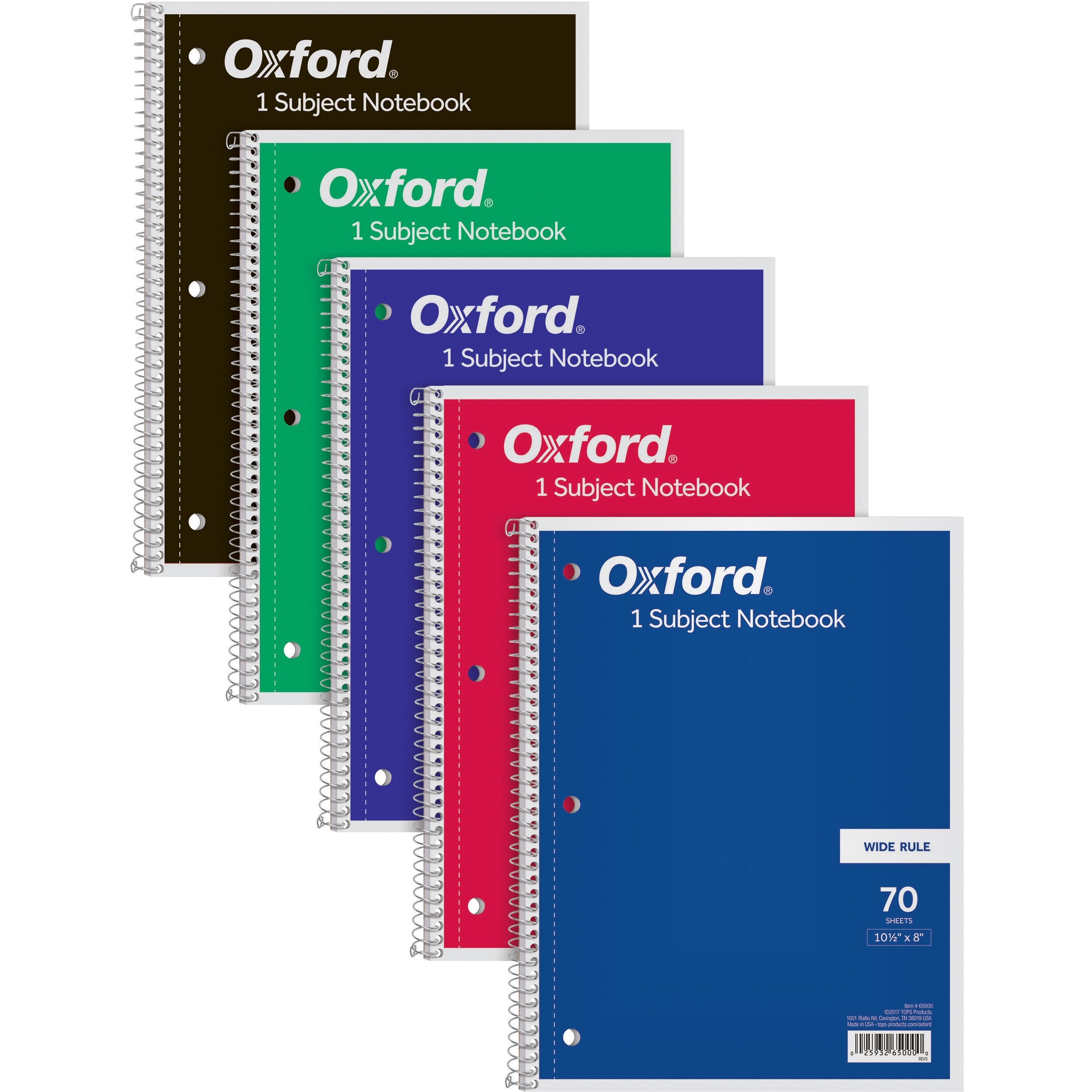 TOPS Wide Rule 1-Subject Spiral Notebook, 70 Sheets, 10.5" x 8", Assorted Paper, Black/Red/Blue/Green/Purple Durable Card Stock Cover, Perforated, Easy Tear, Wire Bound, 1 Each