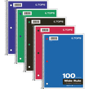 TOPS Wide Rule 1-Subject Spiral Notebook, 100 Sheets, 10.5" x 8", Assorted Paper, Black/Red/Blue/Green/Purple Durable Card Stock Cover, Perforated, Wire Bound, 1 Each
