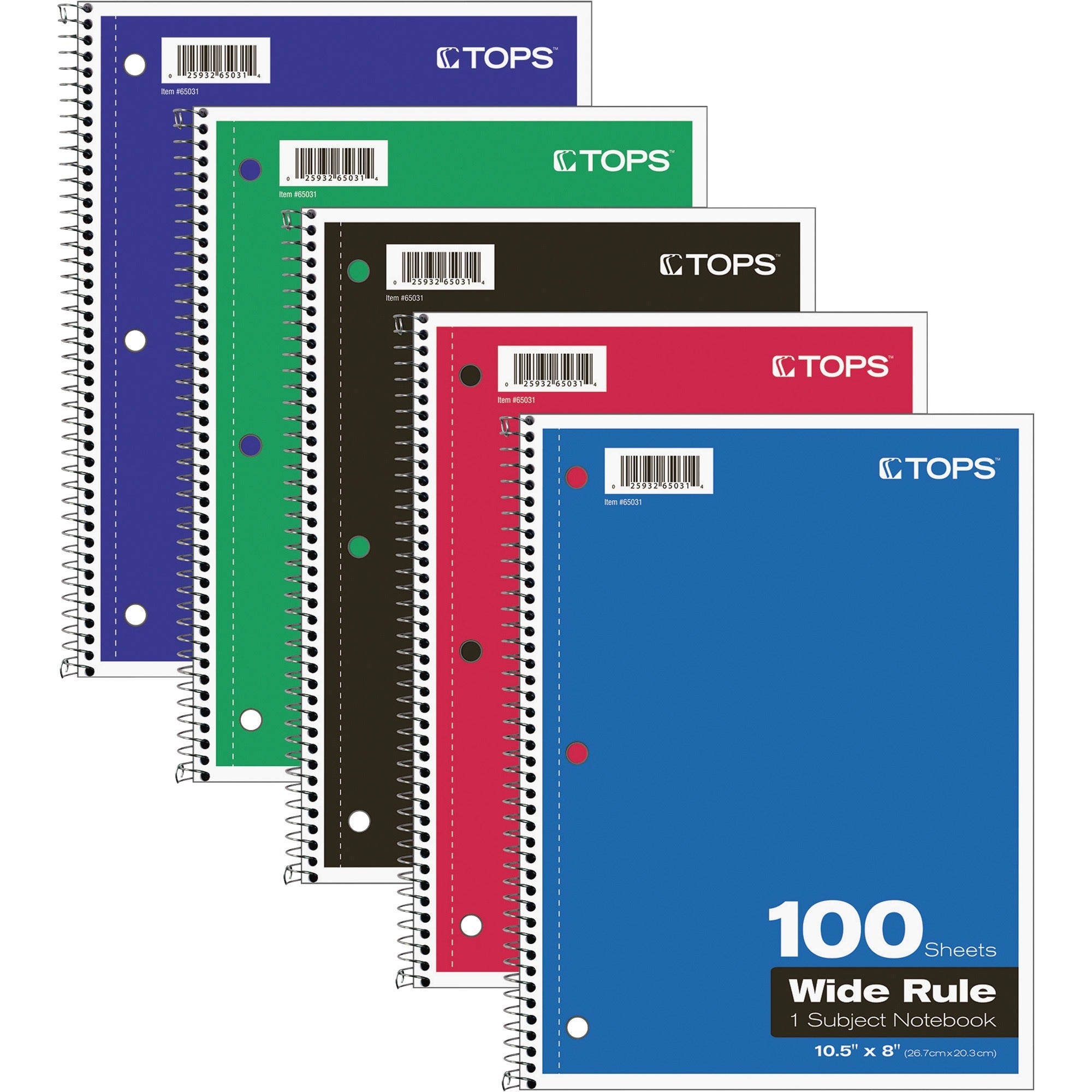 TOPS Wide Rule 1-Subject Spiral Notebook, 100 Sheets, 10.5" x 8", Assorted Paper, Black/Red/Blue/Green/Purple Durable Card Stock Cover, Perforated, Wire Bound, 1 Each