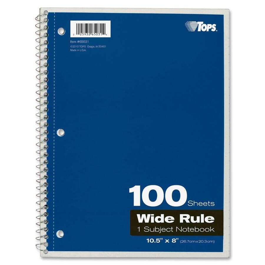 TOPS Wide Rule 1-Subject Spiral Notebook, 100 Sheets, 10.5" x 8", Assorted Paper, Black/Red/Blue/Green/Purple Durable Card Stock Cover, Perforated, Wire Bound, 1 Each
