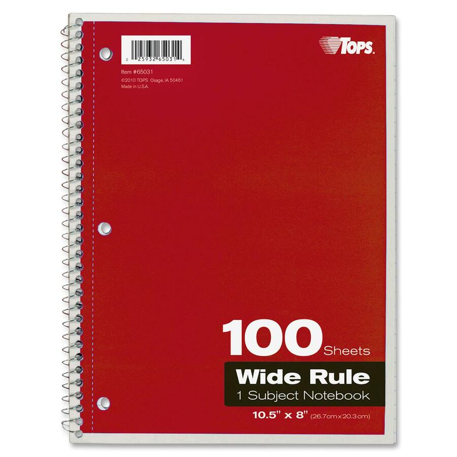 TOPS Wide Rule 1-Subject Spiral Notebook, 100 Sheets, 10.5" x 8", Assorted Paper, Black/Red/Blue/Green/Purple Durable Card Stock Cover, Perforated, Wire Bound, 1 Each