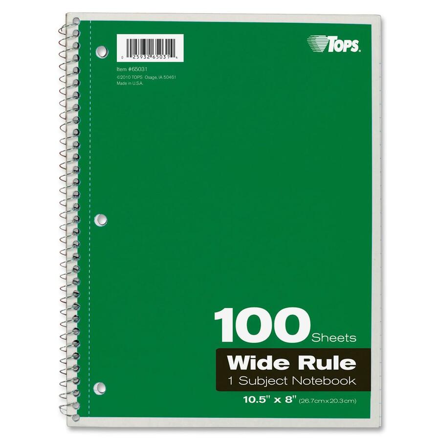 TOPS Wide Rule 1-Subject Spiral Notebook, 100 Sheets, 10.5" x 8", Assorted Paper, Black/Red/Blue/Green/Purple Durable Card Stock Cover, Perforated, Wire Bound, 1 Each