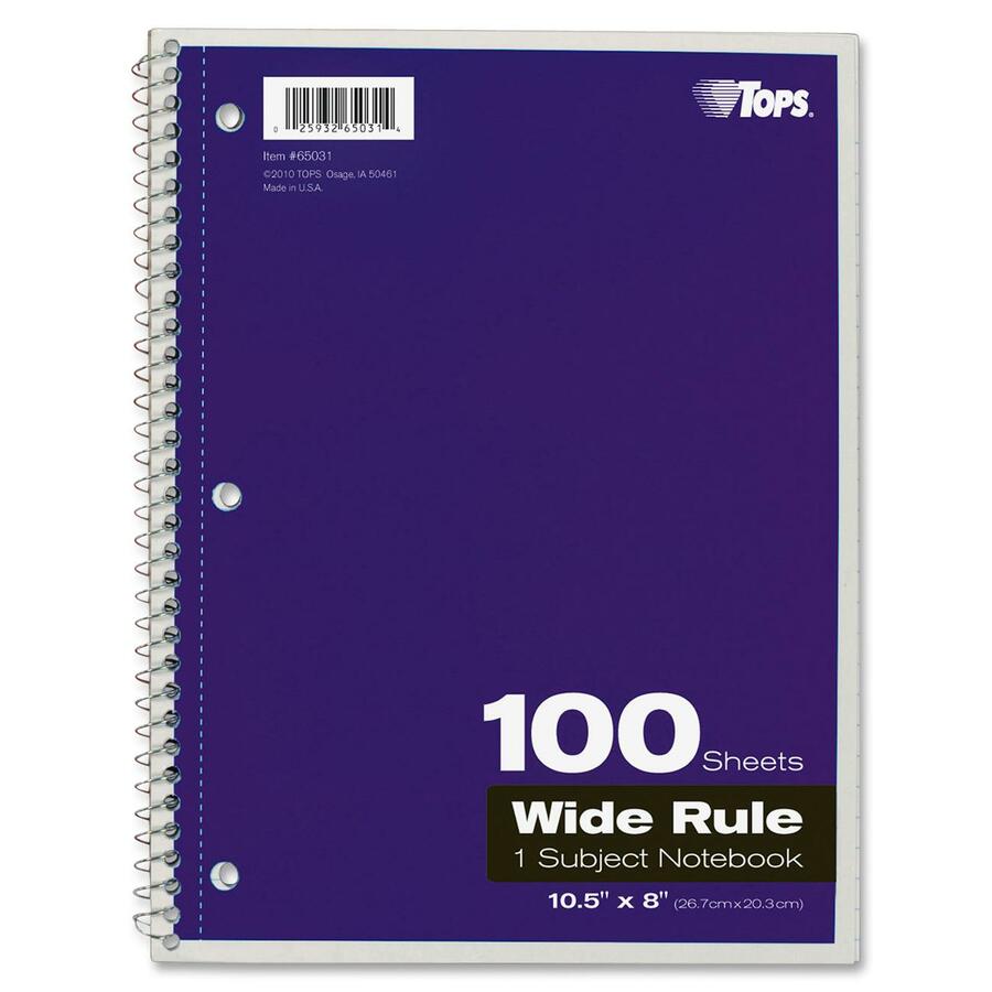 TOPS Wide Rule 1-Subject Spiral Notebook, 100 Sheets, 10.5" x 8", Assorted Paper, Black/Red/Blue/Green/Purple Durable Card Stock Cover, Perforated, Wire Bound, 1 Each