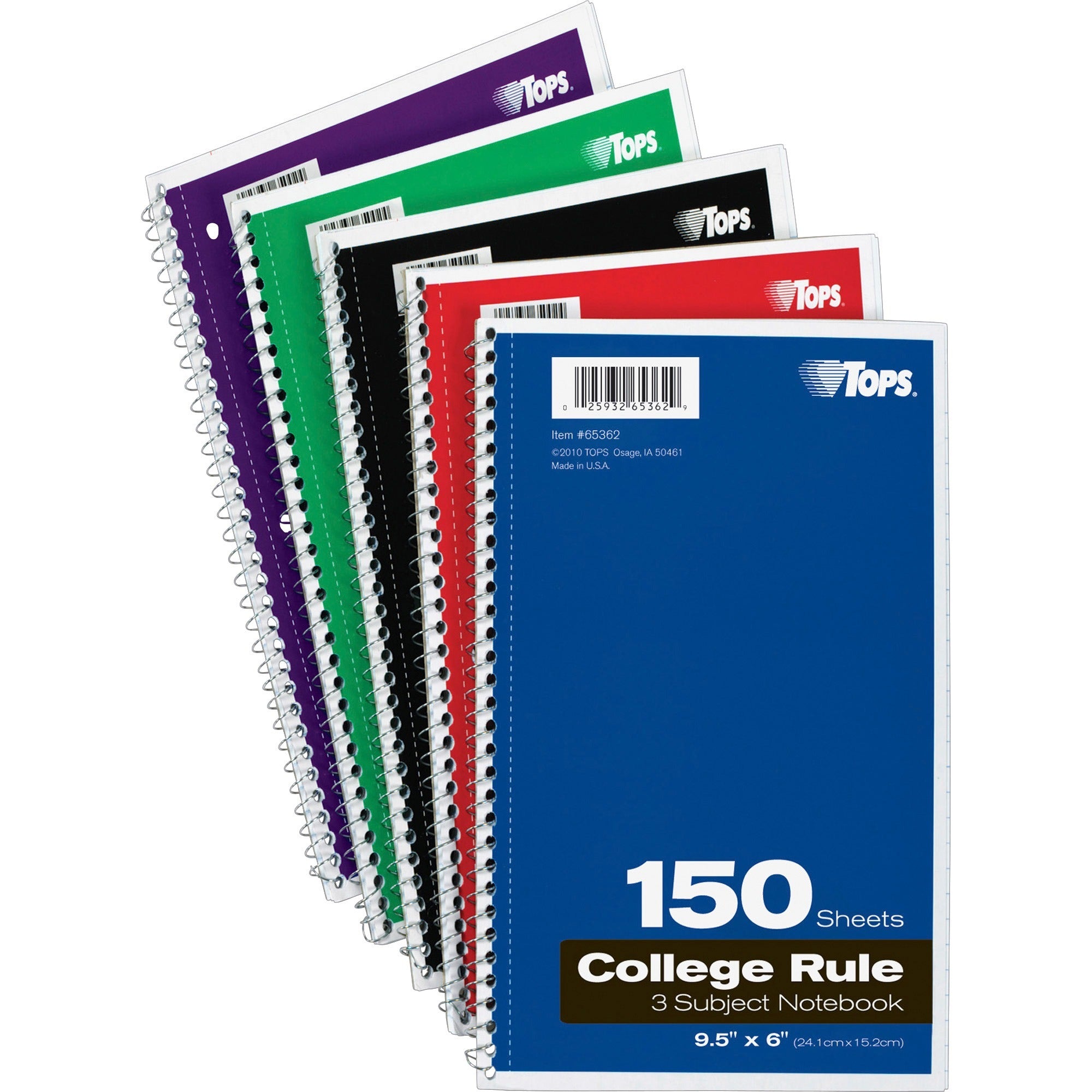 150 Sheets - Wire Bound - 9 1/2" x 6" Sheet Size - 13" Height x 7.5" Width x 9.8" Length - Bright White Paper - Black, Red, Blue, Green, Purple Cover - Divider, Perforated - 1 Each