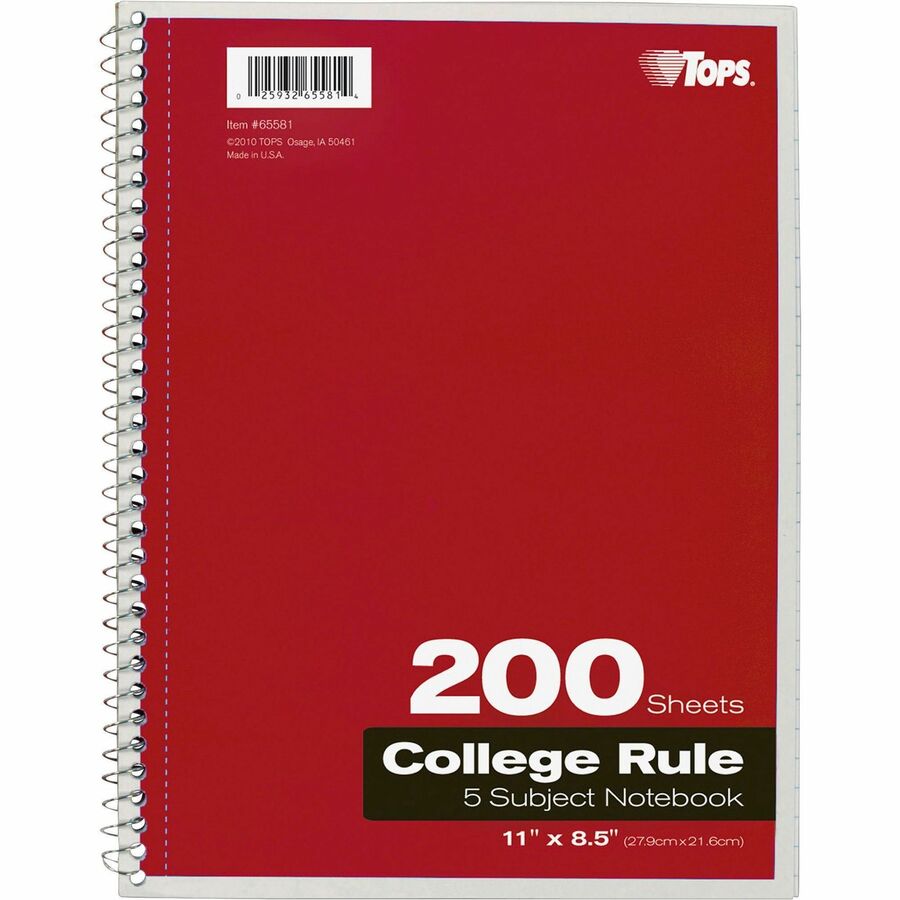 200 Sheets - Wire Bound - Letter - 8 1/2" x 11" Sheet Size - 0.25" Height x 8.5" Width x 11" Length - Assorted Paper - Black, Red, Blue, Green, Purple Cover - Divider, Perforated - 1 Each