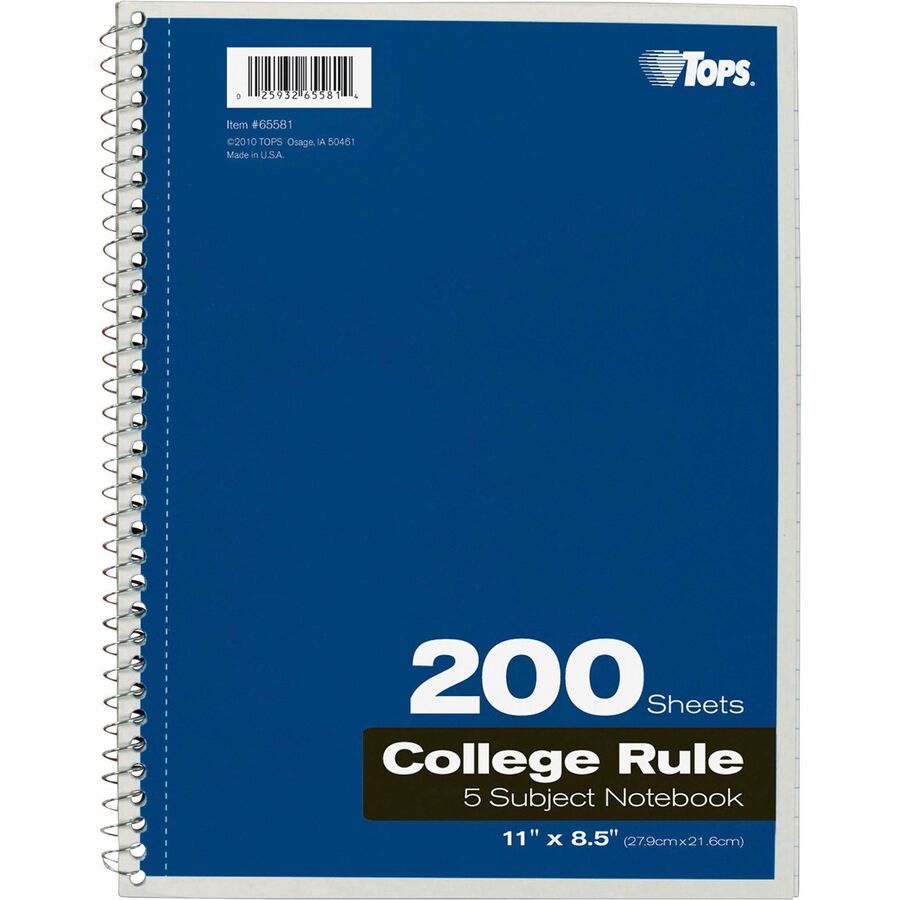 200 Sheets - Wire Bound - Letter - 8 1/2" x 11" Sheet Size - 0.25" Height x 8.5" Width x 11" Length - Assorted Paper - Black, Red, Blue, Green, Purple Cover - Divider, Perforated - 1 Each