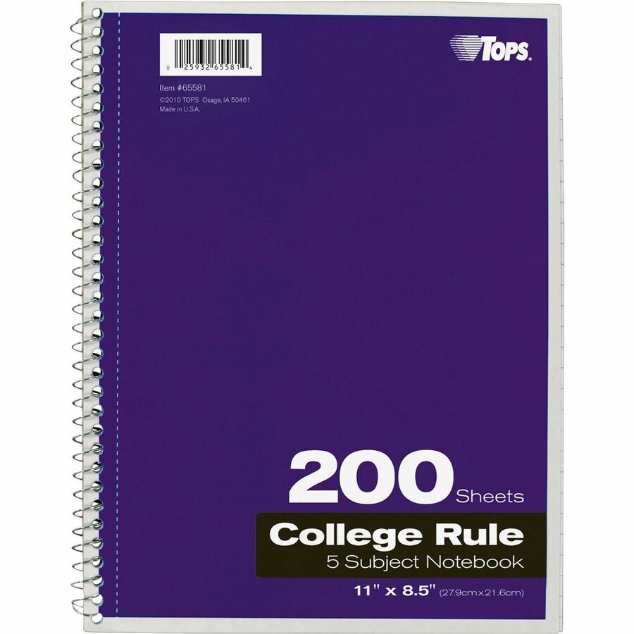 200 Sheets - Wire Bound - Letter - 8 1/2" x 11" Sheet Size - 0.25" Height x 8.5" Width x 11" Length - Assorted Paper - Black, Red, Blue, Green, Purple Cover - Divider, Perforated - 1 Each