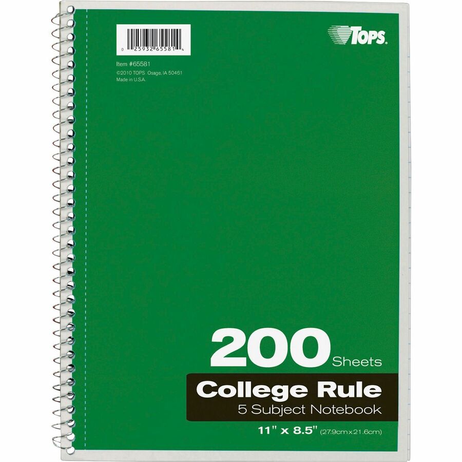 200 Sheets - Wire Bound - Letter - 8 1/2" x 11" Sheet Size - 0.25" Height x 8.5" Width x 11" Length - Assorted Paper - Black, Red, Blue, Green, Purple Cover - Divider, Perforated - 1 Each