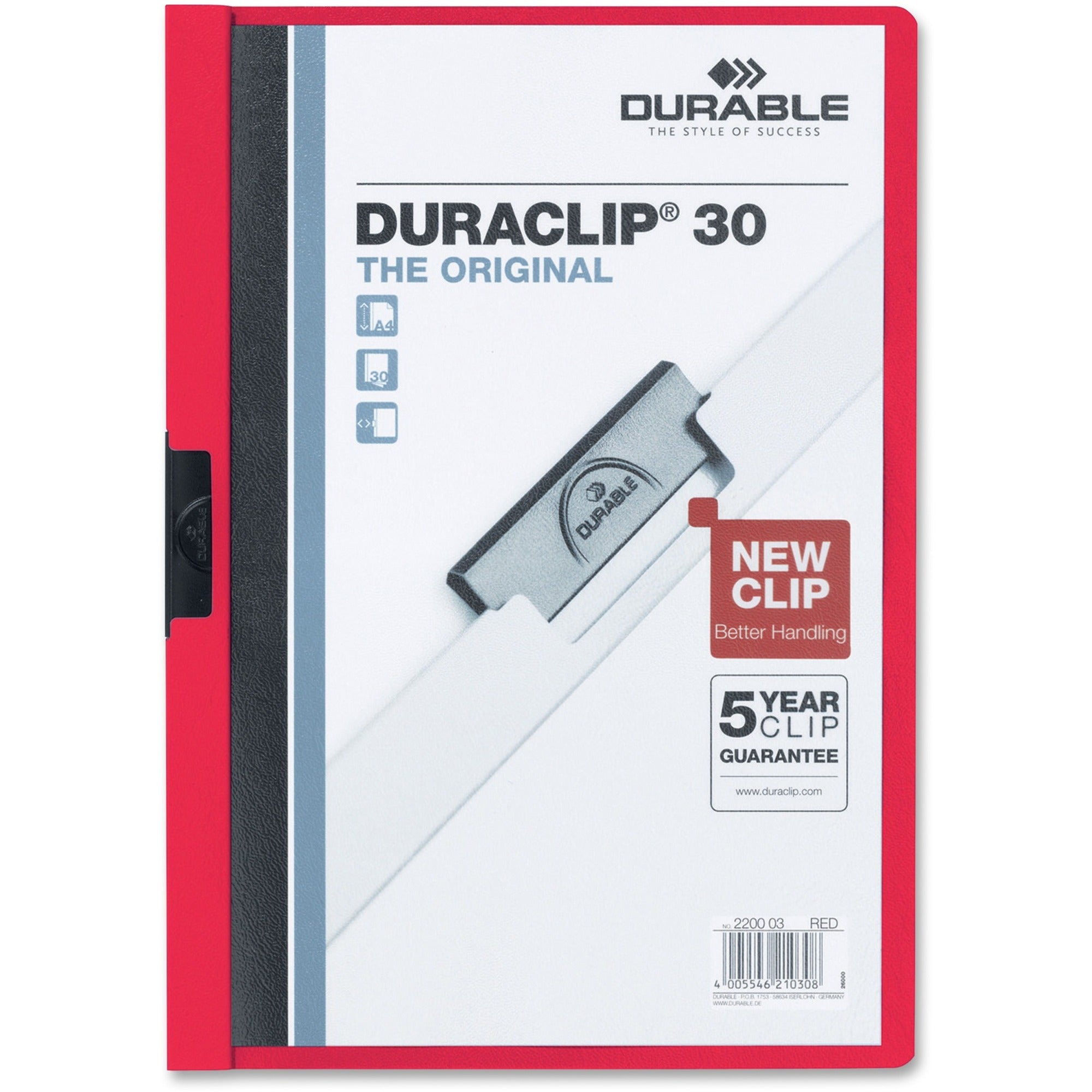 DURABLE DURACLIP Letter Report Cover - 8 1/2" x 11" - 30 Sheets Capacity - 1 Fastener(s) - Vinyl - Red - 25 / Box