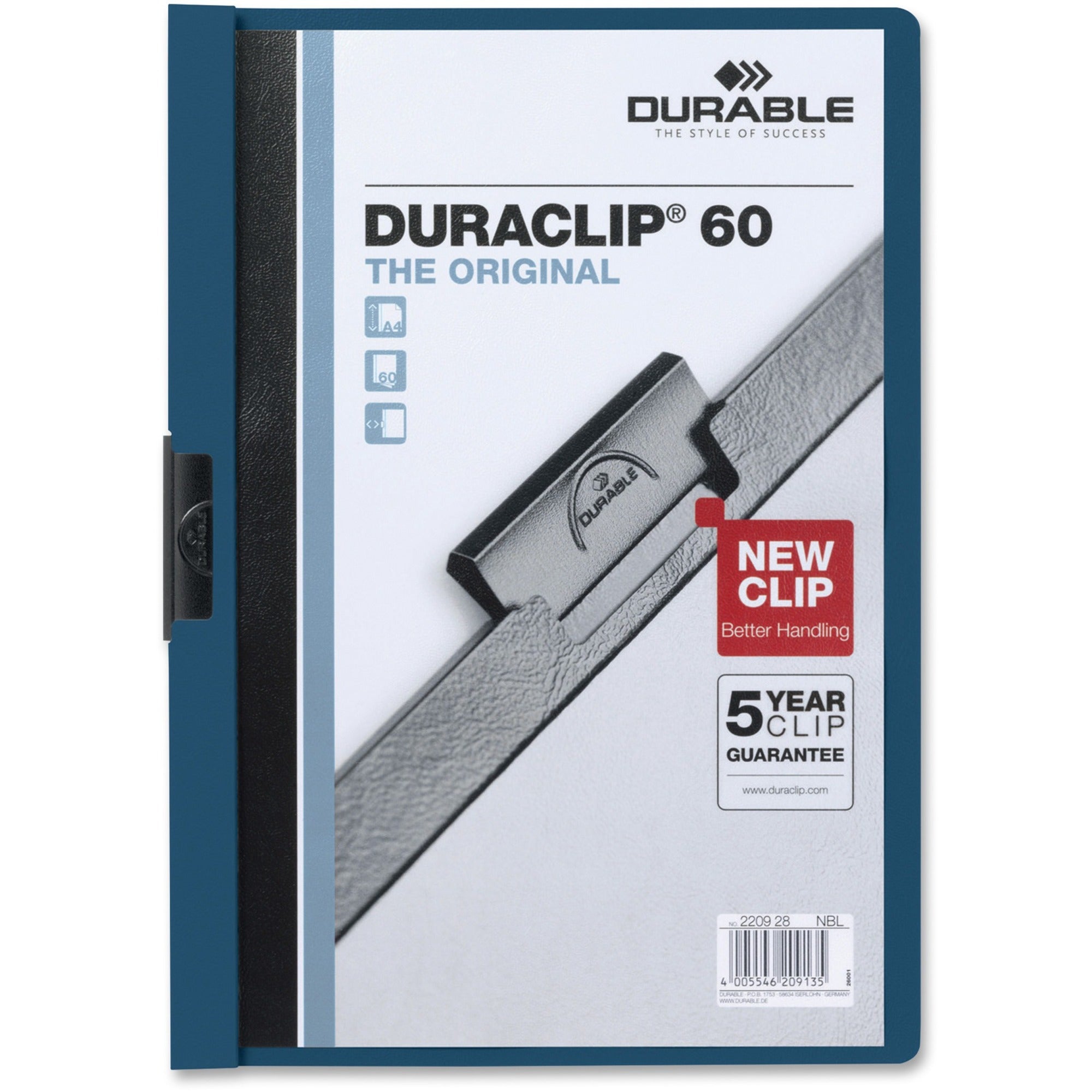 DURABLE DURACLIP Letter Report Cover - 8 1/2" x 11" - 60 Sheets Capacity - 1 Fastener(s) - Vinyl - Dark Blue - 25 / Box
