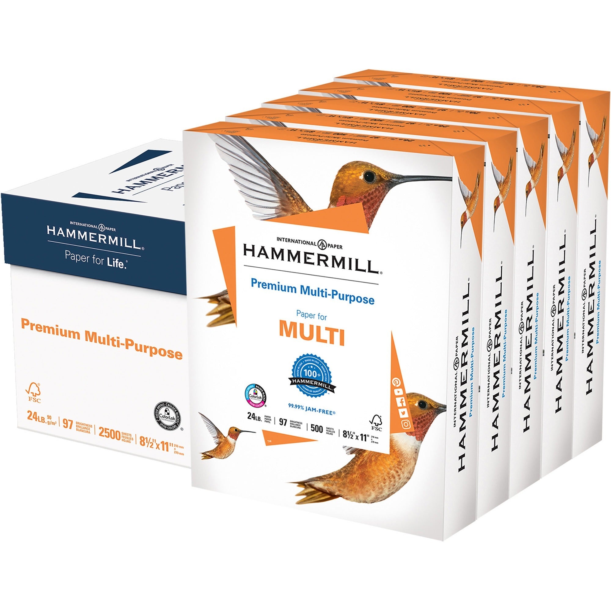 97 Brightness - Letter - 8 1/2" x 11" - 24 lb Basis Weight - Jam-free, Smear Resistant, Acid-free, Archival-safe, Quick Drying - White - 500 Sheets per Ream - 5 / Carton