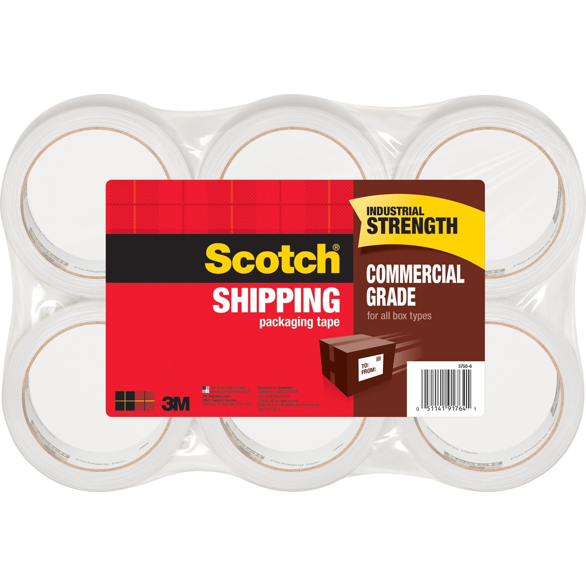 Scotch Commercial-Grade Shipping/Packaging Tape, Clear, 1.88" x 54.60 yd, 3.1 mil Thickness, 3" Core, Polypropylene Backing, Synthetic Rubber Resin, Moisture/Split/Water Resistant, 1 Pack