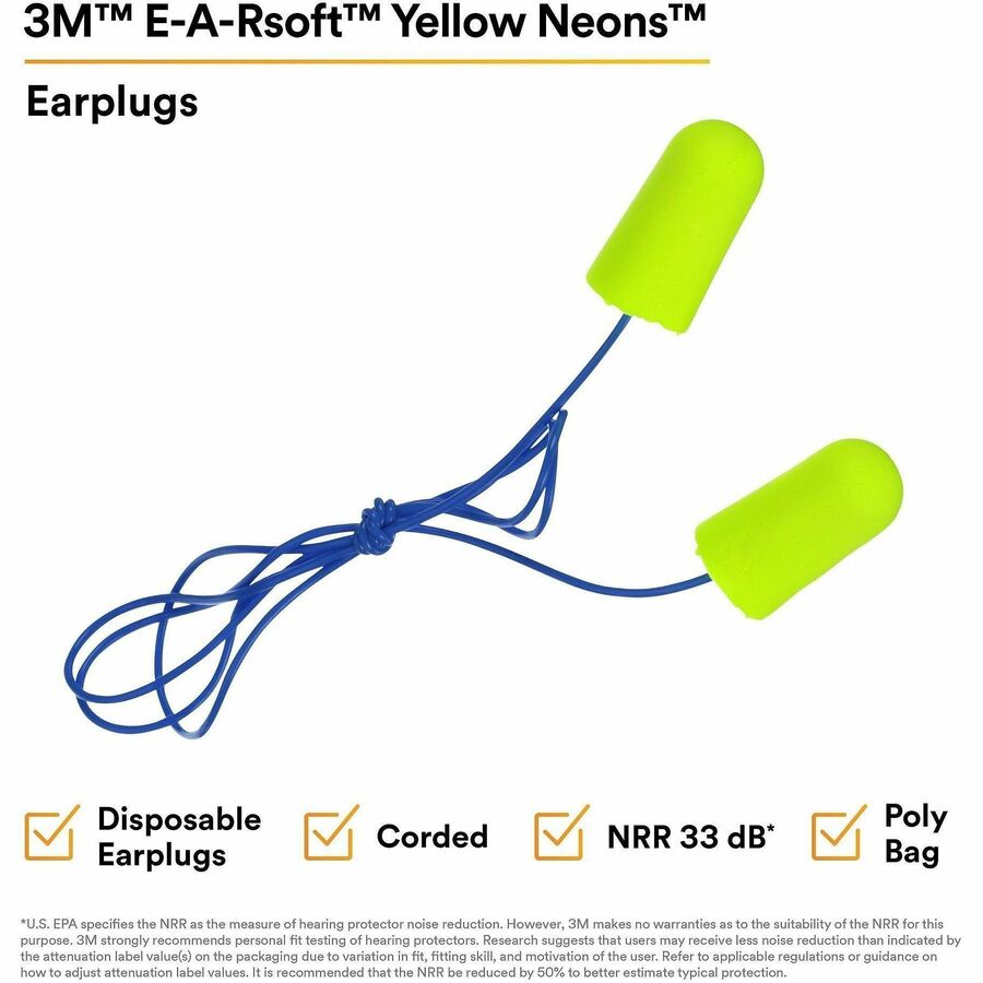 Noise Protection - Yellow - Comfortable, Disposable, Corded, Noise Reduction - 2/Pair - 1 Box