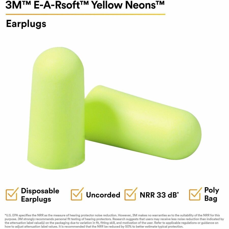 Noise Protection - Foam, Polyurethane - Neon Yellow - Comfortable, Uncorded, Disposable - 2/Pair - 1 Box