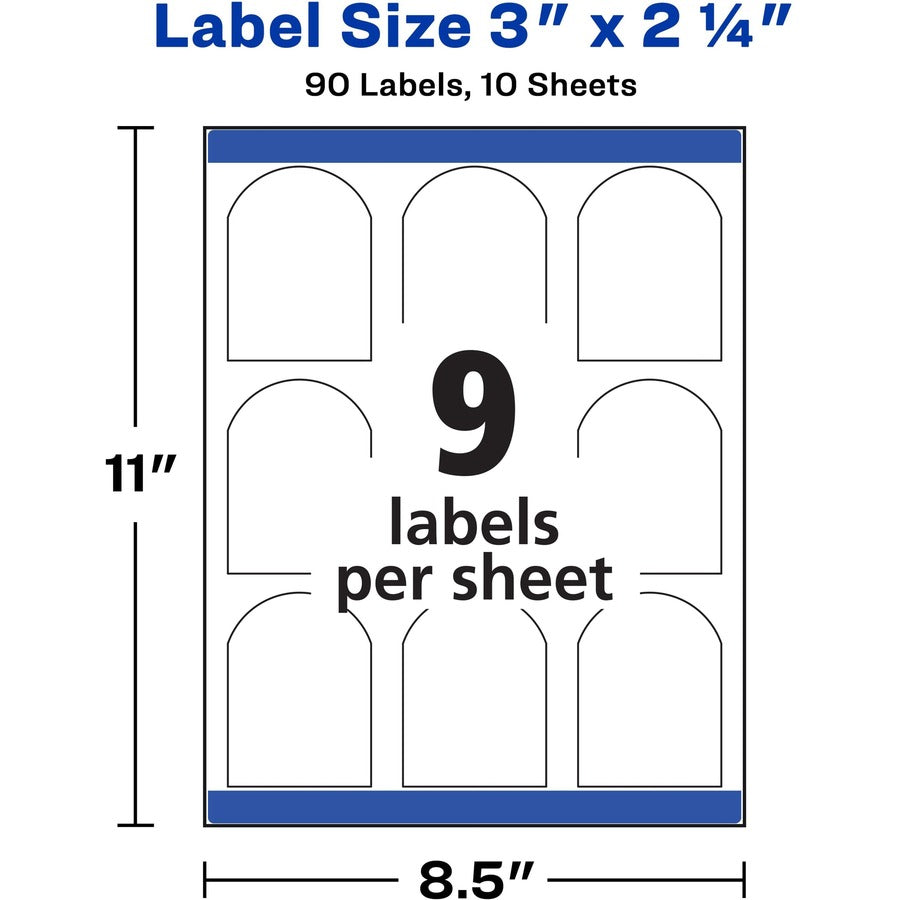 3" Width x 2 1/4" Length - Permanent Adhesive - Arched Rectangle - Laser - Matte White - Paper - Water Resistant - 9 / Sheet - 10 Total Sheets - 90 Total Label(s) - 90 / Pack