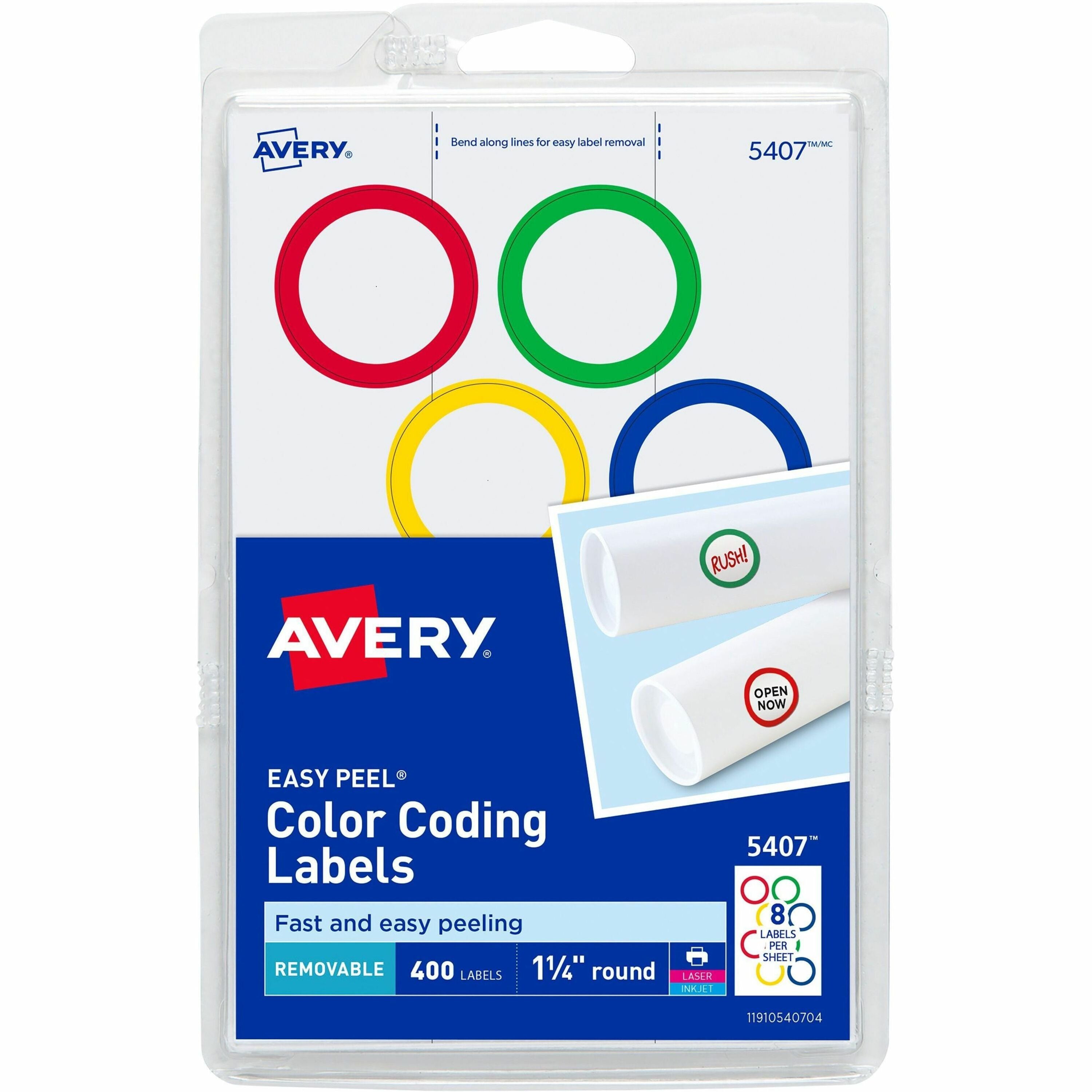 1 1/4" Diameter - Removable Adhesive - Round - Laser, Inkjet - Matte - Assorted, Green, Red, Blue - Paper - 8 / Sheet - 50 Total Sheets - 400 Total Label(s) - 400/Pack - 18 / Carton