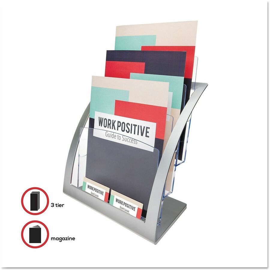 Deflecto Contemporary Literature Holder - 3 Tier(s) - 13.31" Height x 11.24" Width x 6.94" Depth - Floor - Silver - 1 Each