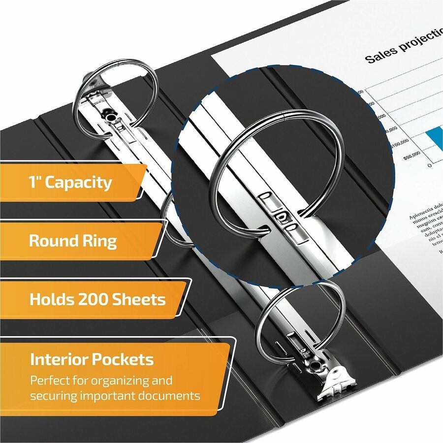 QuickFit Ring Binder - 1" Binder Capacity - Legal - 8 1/2" x 14" Sheet Size - 200 Sheet Capacity - 3 x 1" Ring(s) - Fastener(s): Round Ring - Pocket(s): 2, Internal - Horizontal Orientation - Polypropylene - Black - Recycled - Antimicrobial - 1 Each