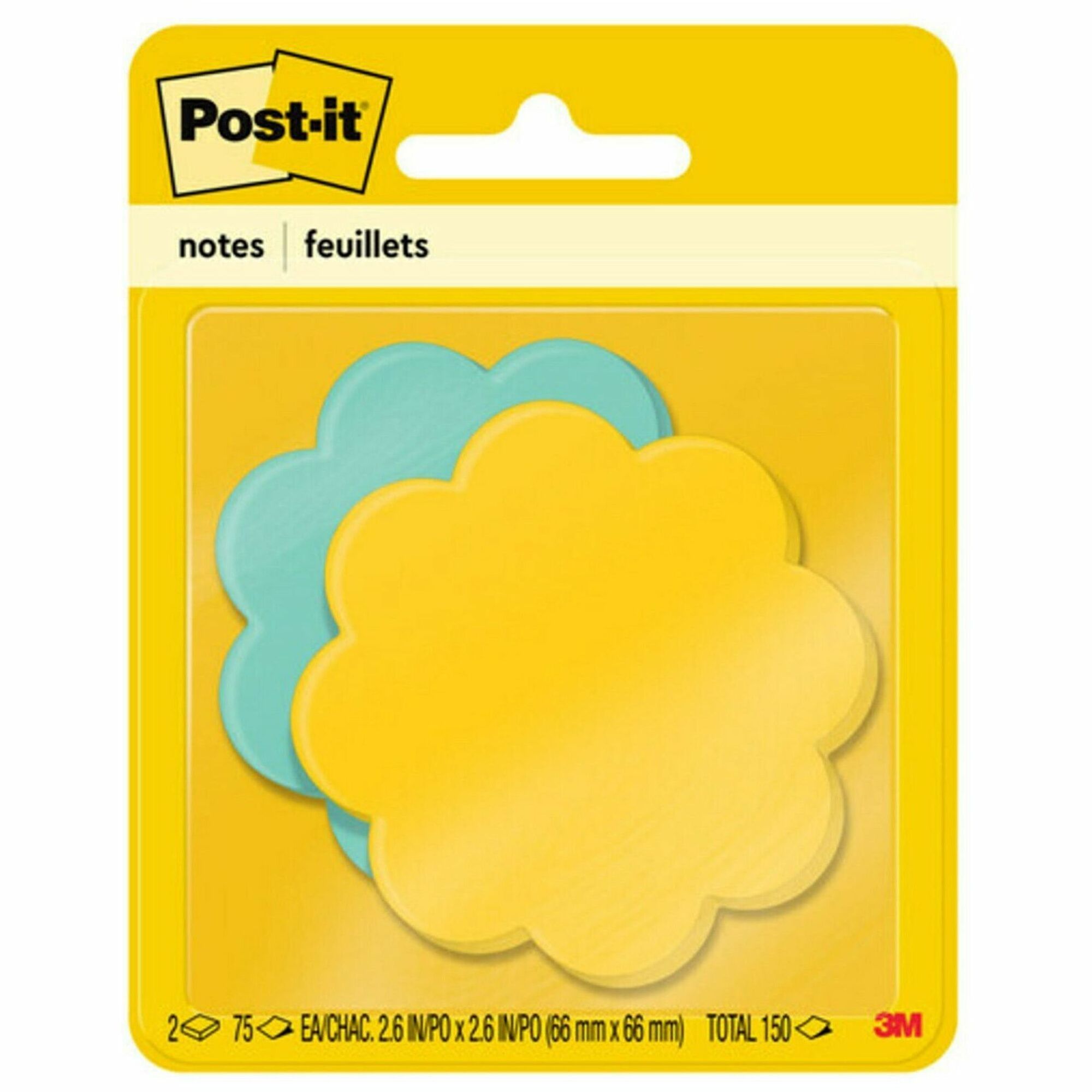 Post-it&reg; Super Sticky Die-Cut Notes - 150 x Assorted - 3" Flag/Note Width x 3" Flag/Note Length - Daisy - Yellow, Blue - Self-adhesive - 2 / Pack