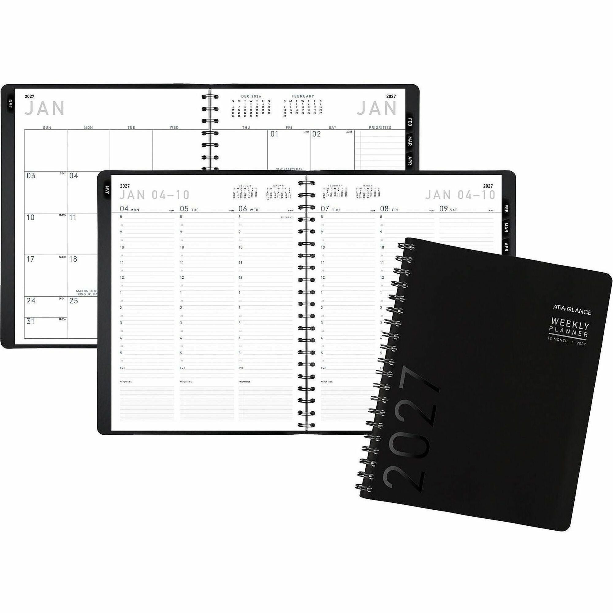 At-A-Glance Contemporary Planner, Large, Weekly/Monthly, January-December 2026, 8:00 AM-5:30 PM, Half-hourly, 8 1/4" x 11", Wire Bound, Black Simulated Leather Cover, 1 Each