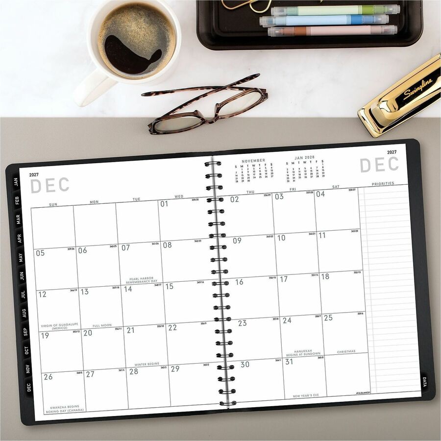 At-A-Glance Contemporary Planner, Large, Weekly/Monthly, January-December 2026, 8:00 AM-5:30 PM, Half-hourly, 8 1/4" x 11", Wire Bound, Black Simulated Leather Cover, 1 Each