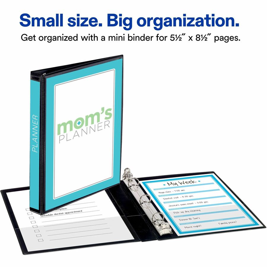 Avery&reg; Mini Durable View 3 Ring Binder, 0.5" Round Rings, Holds 5.5" x 8.5" Paper, 1 Black Binder (27725)
