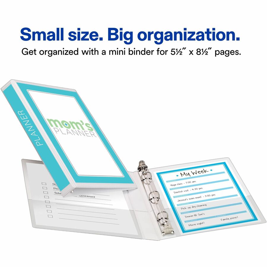 Avery&reg; Mini Durable View 3 Ring Binder, 0.5" Round Rings, Holds 5.5" x 8.5" Paper, 1 White Binder (27726)