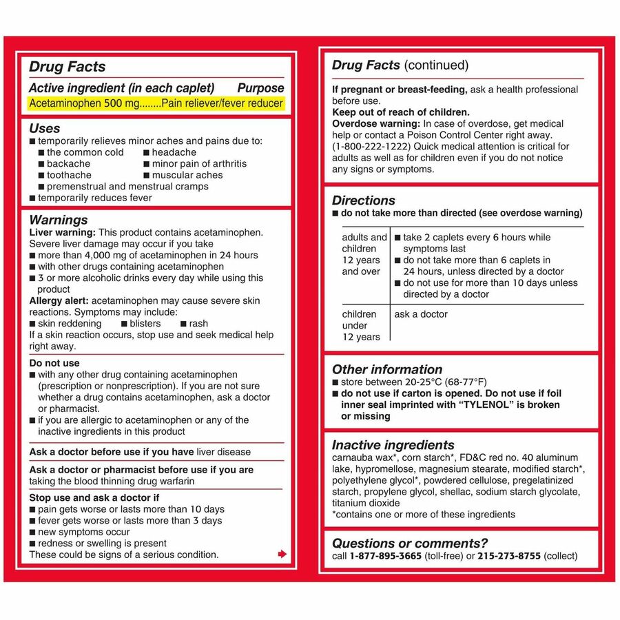 Tylenol Extra Strength Caplets - For Headache, Fever, Muscular Pain, Backache, Arthritis, Common Cold, Toothache, Premenstrual Cramp, Menstrual Cramp - 2/Pack - 1 Box