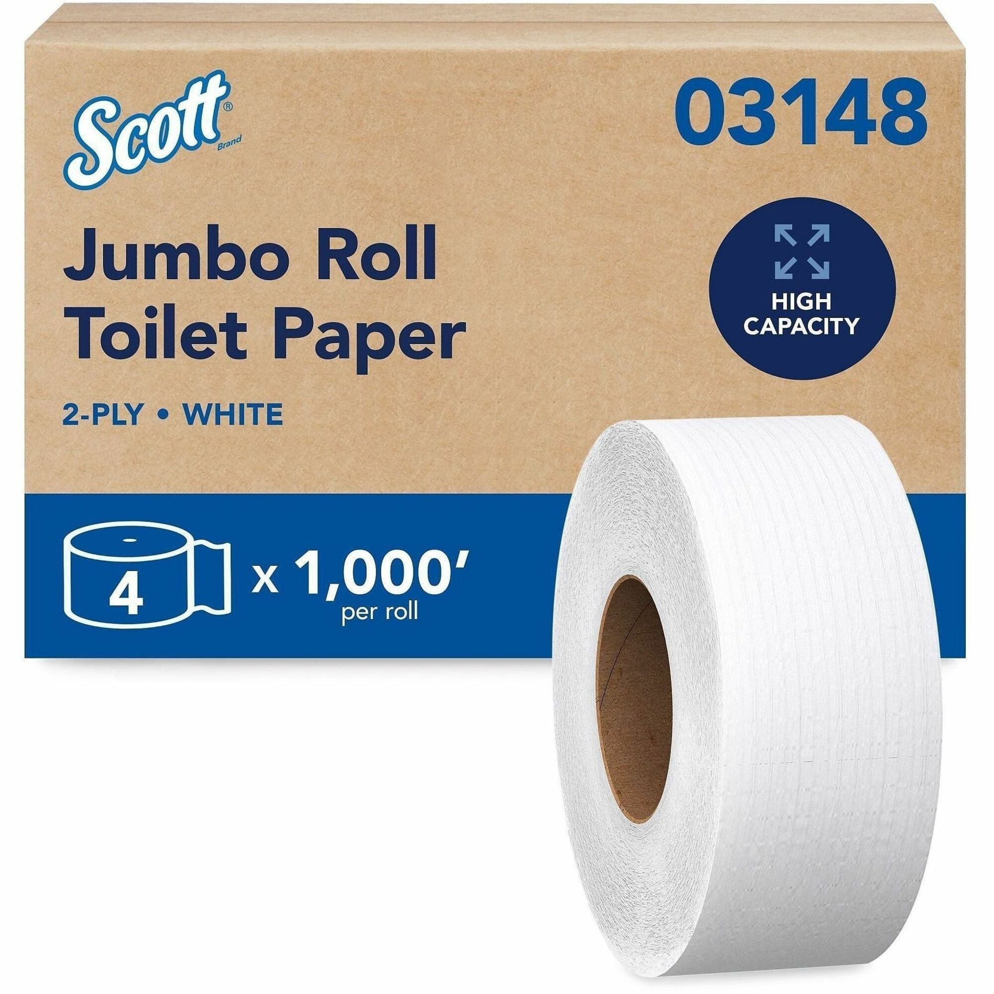 Scott High-Capacity Jumbo Roll Toilet Paper - 2 Ply - 3.50" Width x 1000 ft Length - 9" Roll Diameter - White - Fiber - 1 Carton