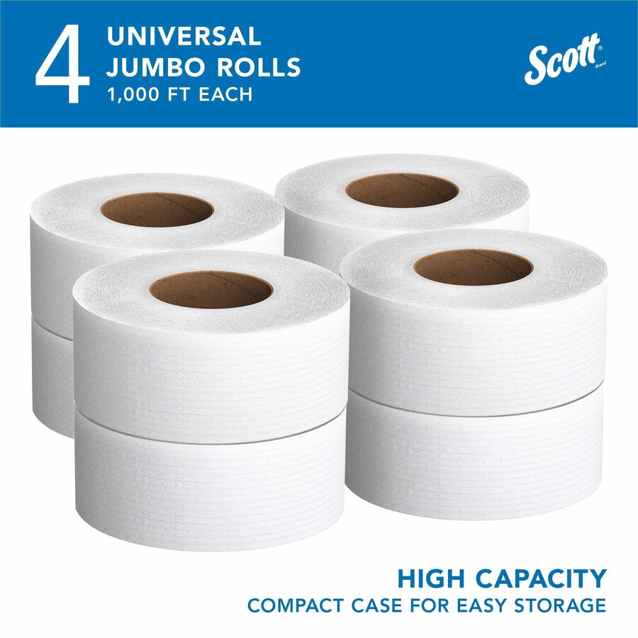 Scott High-Capacity Jumbo Roll Toilet Paper - 2 Ply - 3.50" Width x 1000 ft Length - 9" Roll Diameter - White - Fiber - 1 Carton