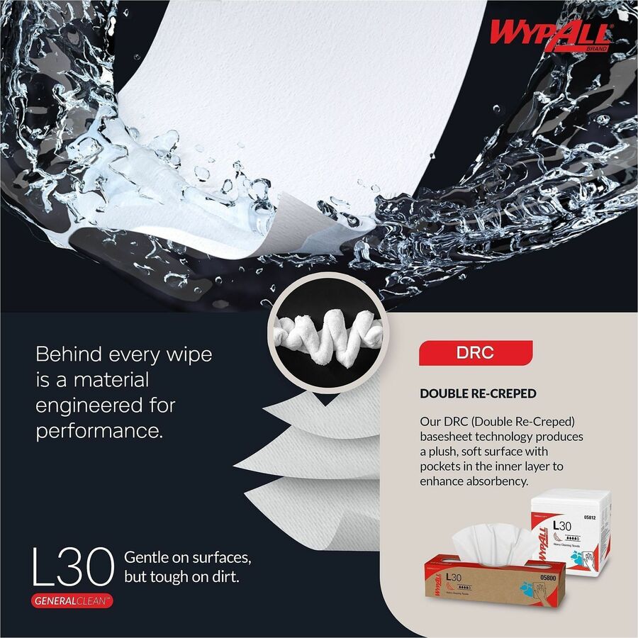 Wypall GeneralClean L30 Heavy Duty Cleaning Towels - 9.80" Width x 16.40" Length - White - 100/Box - 1 Carton