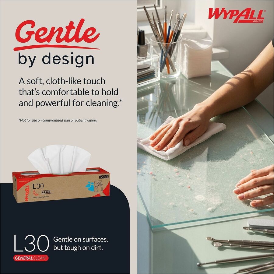 Wypall GeneralClean L30 Heavy Duty Cleaning Towels - 9.80" Width x 16.40" Length - White - 100/Box - 1 Carton