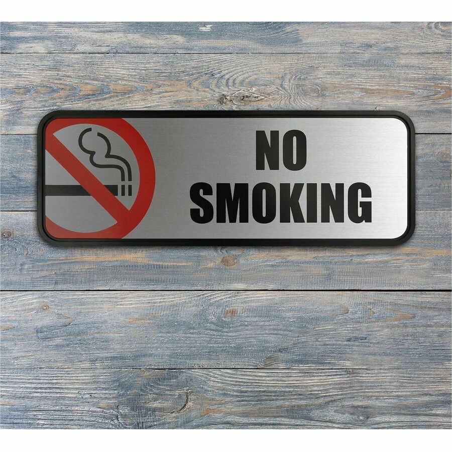 Print/Message "No Smoking" - 9" Width x 3" Height - Rectangular Shape - Office - Metal - Black - 1 Each