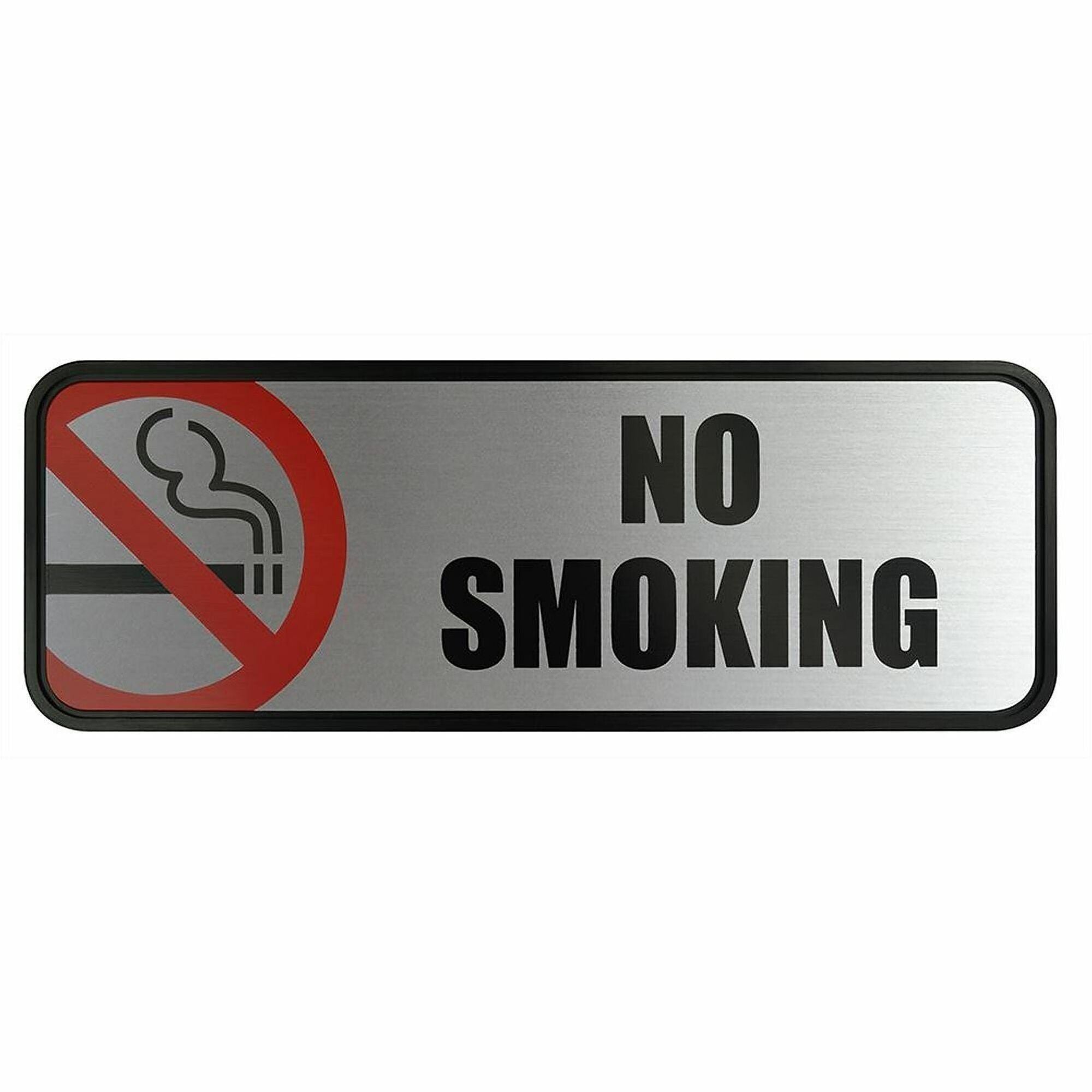 Print/Message "No Smoking" - 9" Width x 3" Height - Rectangular Shape - Office - Metal - Black - 1 Each