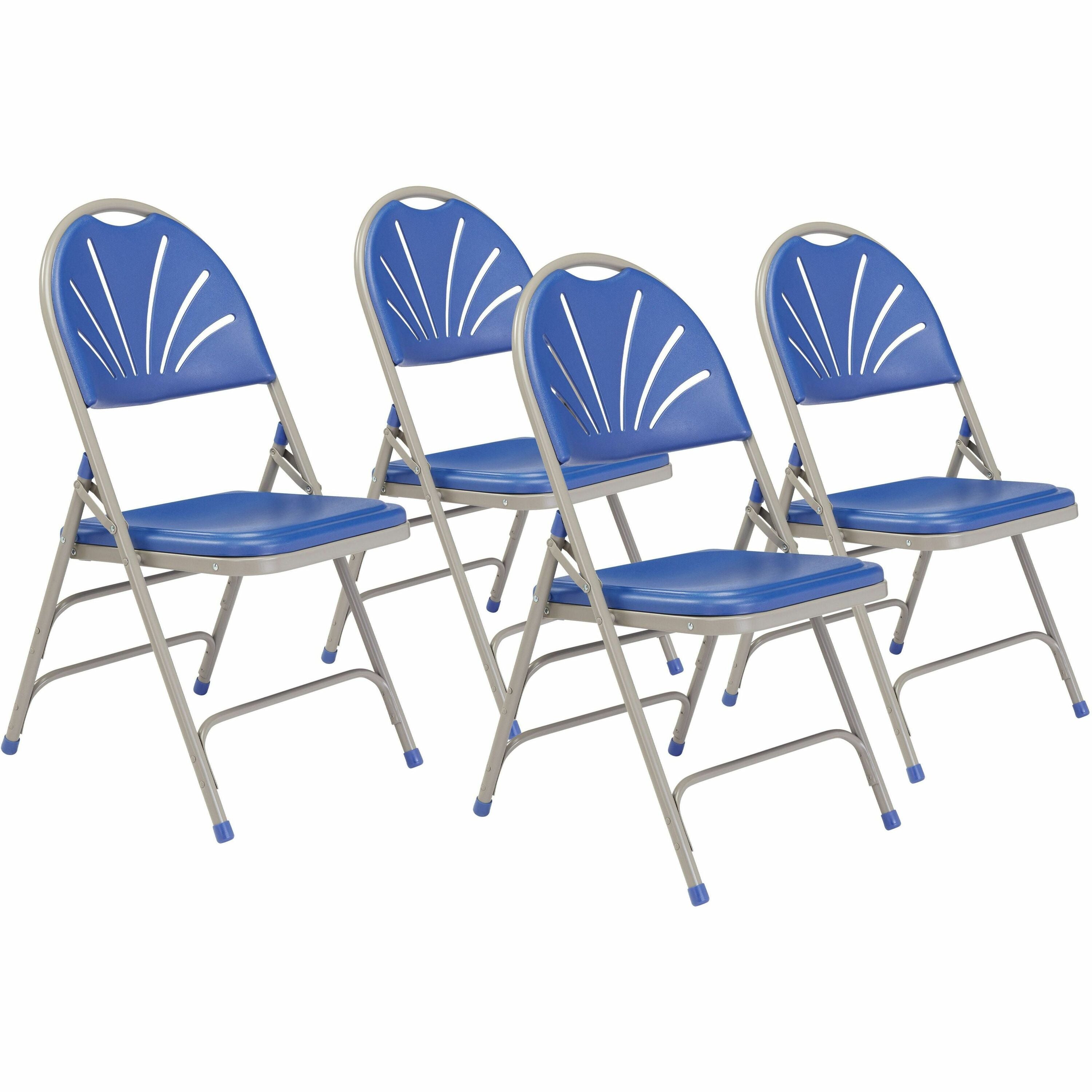 NPS® 1100 Series Deluxe Fan Back with Triple Brace Double Hinge Folding Chair, Pack of 4, Surface Color: Blue, Frame Color: Grey