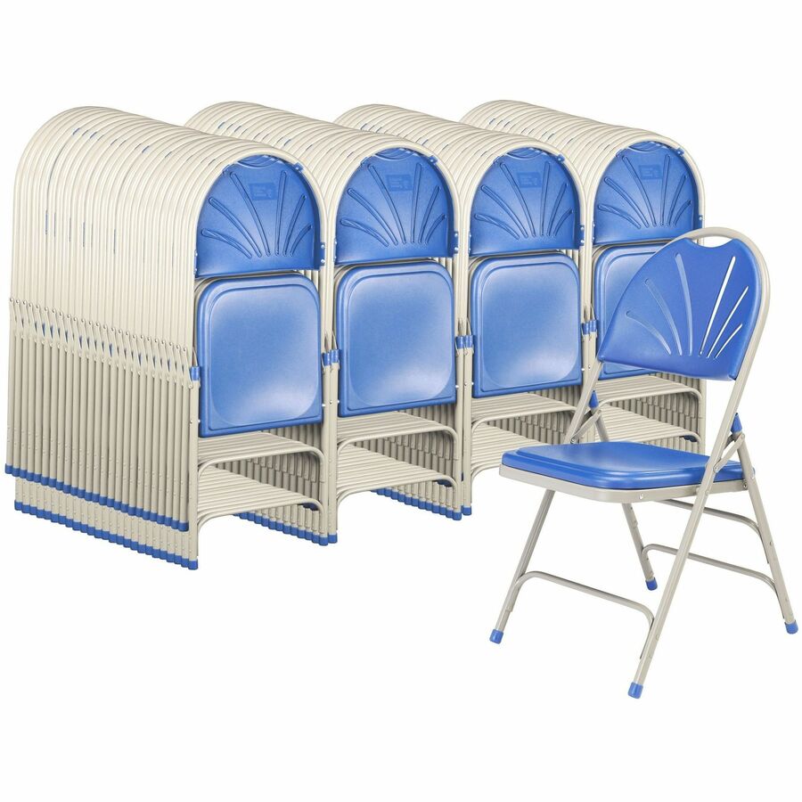 NPS® 1100 Series Deluxe Fan Back with Triple Brace Double Hinge Folding Chair, Pack of 4, Surface Color: Blue, Frame Color: Grey