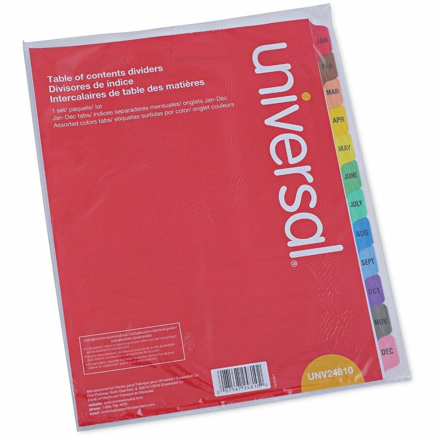 Universal Index Divider - 12 x Divider(s) - 12 Printed Side Tab(s) - Month - Jan-Dec - 3 Hole Punched - White Paper Divider - Assorted Paper Tab(s) - Double-sided, Mylar Reinforced Edge, Laminated Tab - 1 Set