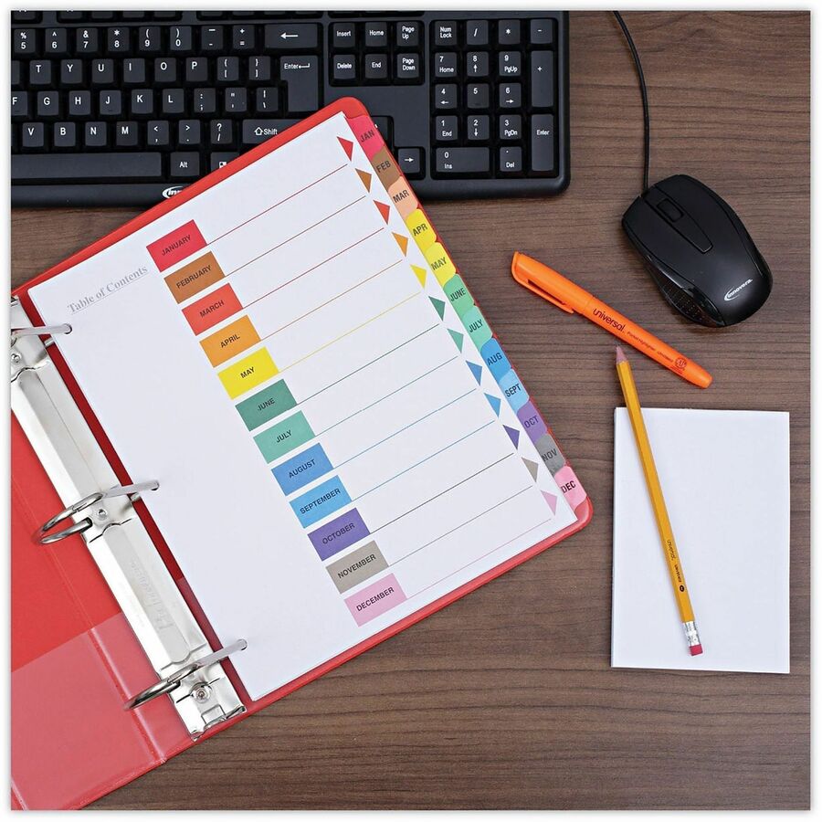 Universal Index Divider - 12 x Divider(s) - 12 Printed Side Tab(s) - Month - Jan-Dec - 3 Hole Punched - White Paper Divider - Assorted Paper Tab(s) - Double-sided, Mylar Reinforced Edge, Laminated Tab - 1 Set