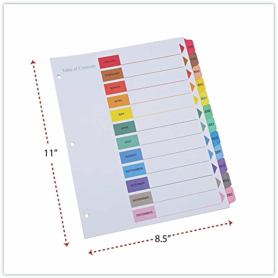Universal Index Divider - 12 x Divider(s) - 12 Printed Side Tab(s) - Month - Jan-Dec - 3 Hole Punched - White Paper Divider - Assorted Paper Tab(s) - Double-sided, Mylar Reinforced Edge, Laminated Tab - 1 Set