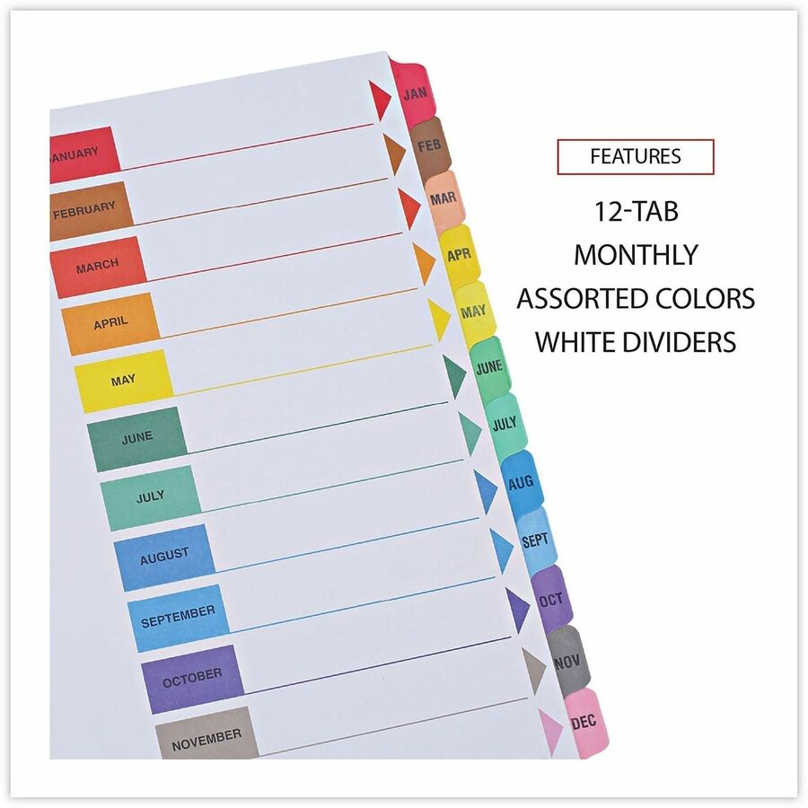 Universal Index Divider - 12 x Divider(s) - 12 Printed Side Tab(s) - Month - Jan-Dec - 3 Hole Punched - White Paper Divider - Assorted Paper Tab(s) - Double-sided, Mylar Reinforced Edge, Laminated Tab - 1 Set