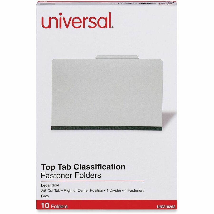Universal 2/5 Tab Cut Legal Classification Folder - 8 1/2" x 14" - 2" Expansion - 4 Fastener(s) - 2" Fastener Capacity - Top Tab Location - Right of Center Tab Position - 1 Divider(s) - Gray - 10 Box