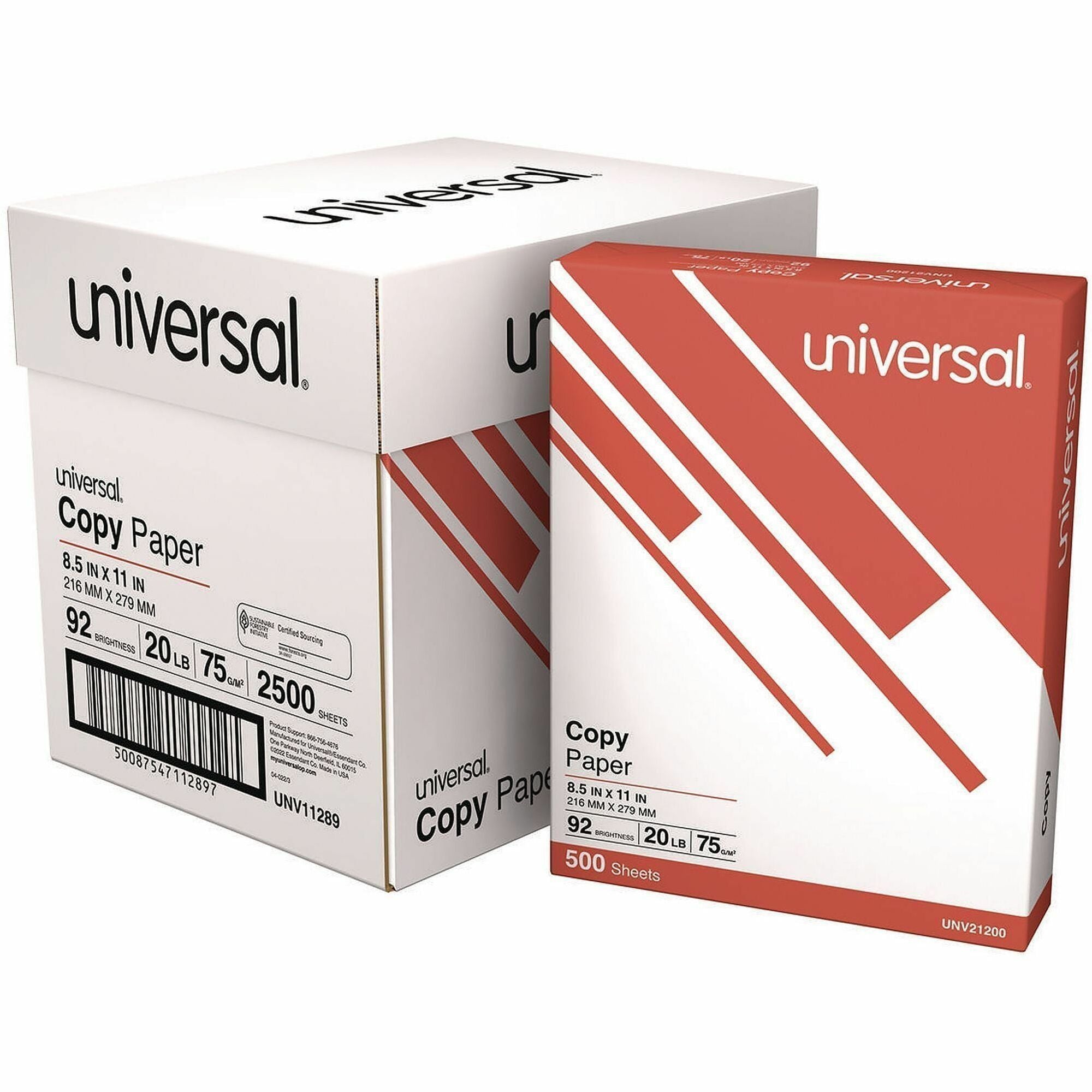 Universal Copy Paper - 92 Brightness - Letter - 8 1/2" x 11" - 20 lb Basis Weight - White - 2500 Sheets - 500 Sheets per Ream - 5 Ream per Case