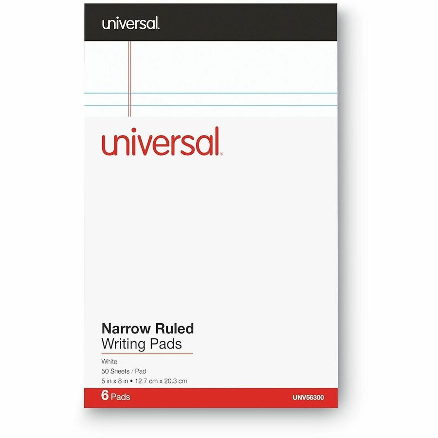Universal Notepad - 1 Subject(s) - 50 Sheets - Printed - Tape Bound - Narrow Ruled Front Ruling - Ruled Red Margin - Junior Legal - 8" x 5" Sheet Size - White Paper - 6 / Pack